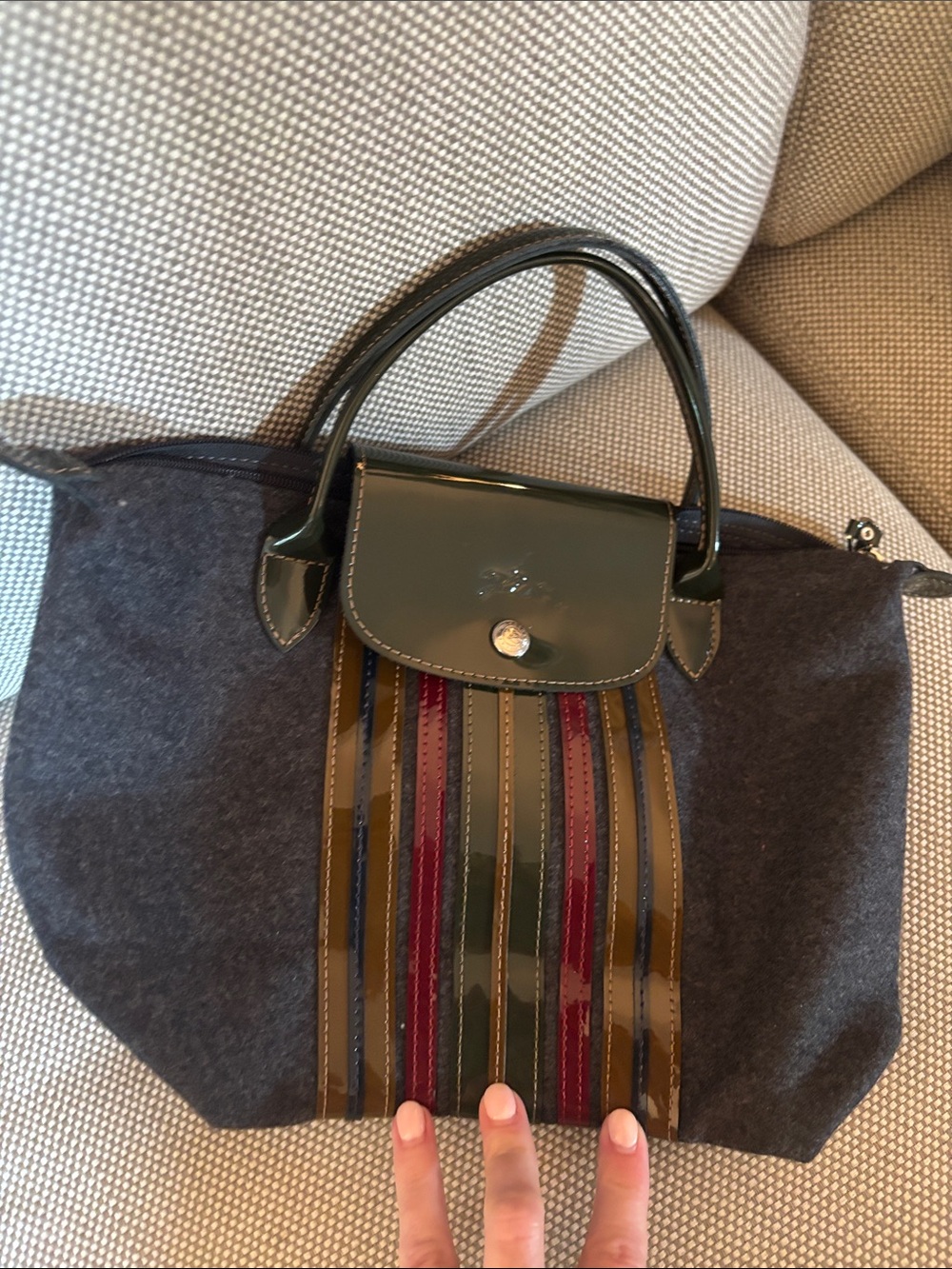 Longchamp Gray Tote with Olive Trim and Multicolor Stripe Accents